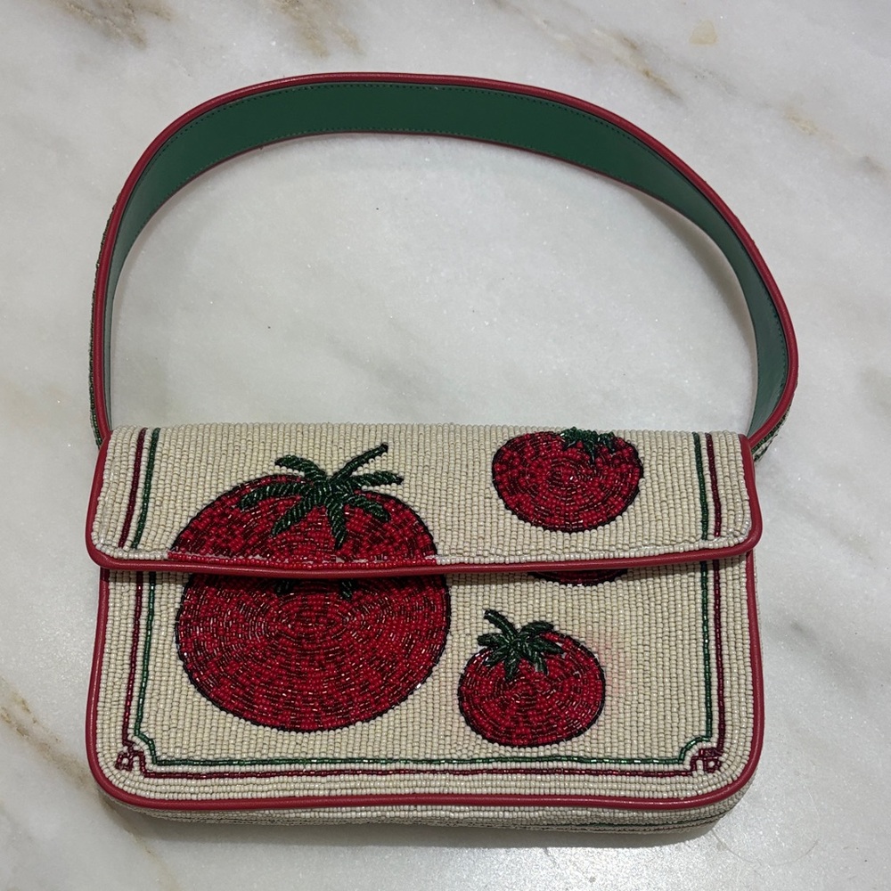 STAUD Red and Green Embroidered Shoulder Bag Like New